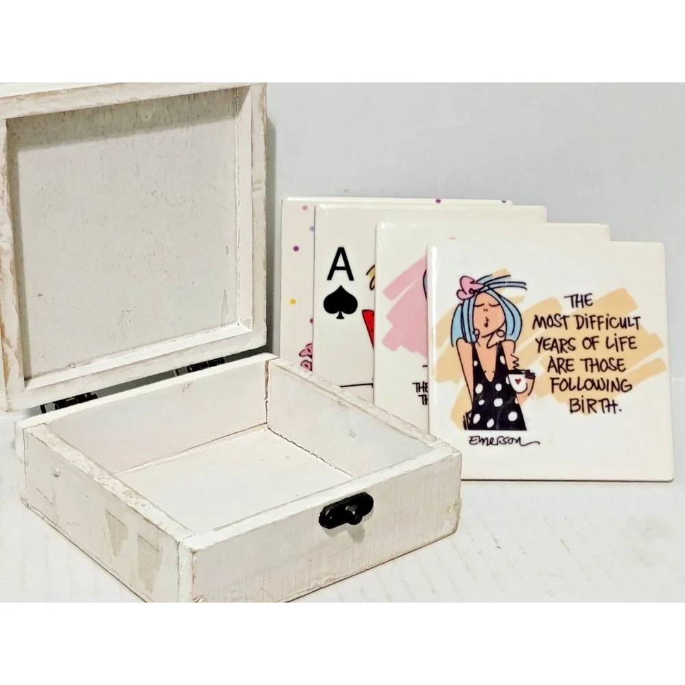 5 Vintage Thirstystone Funny jokes Cork Backed Coaster in Wooden Box USA - Picture 13 of 14